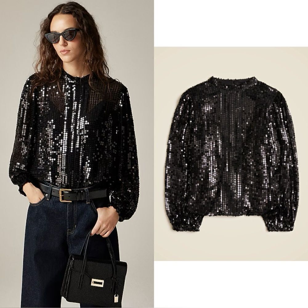 NWT J CREW Sequin mockneck top in black